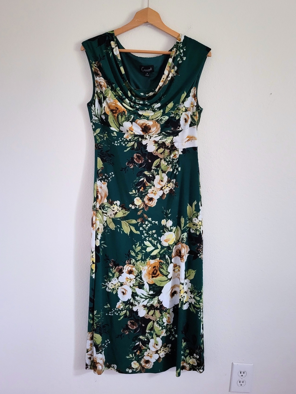Connected Apparel Dark Green Bold Floral Sheath Dress Cowl Neck